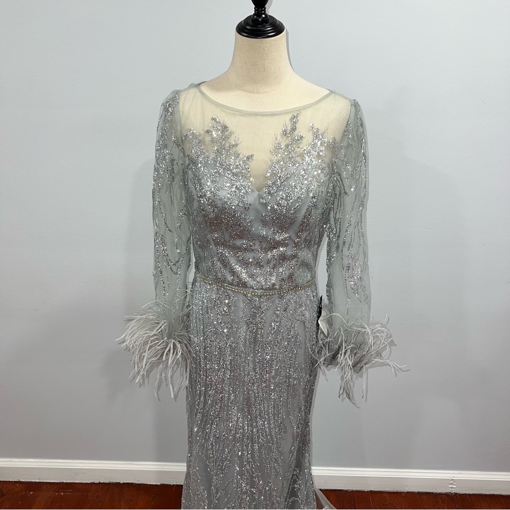 CINDERELLA DIVINE Fitted Long Glitter Evening Dress With Feathers Sleeves - Picture 8 of 16